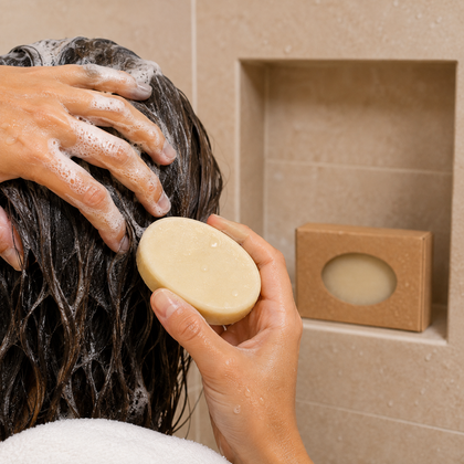 A person washing dark hair with lather while holding an oval beige shampoo bar in one hand, with a matching boxed shampoo visible on a tiled shelf in the background.
