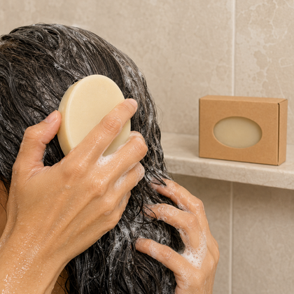 A person washing dark, foamy hair with a round beige shampoo bar, with a small kraft paper box containing a matching oval bar on a tiled shelf in the background.