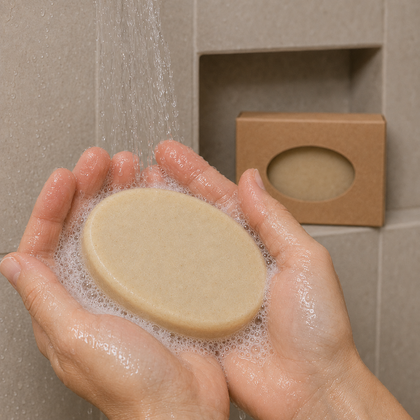A person holds a round beige soap bar under running water with soap foam, with a brown cardboard soap box mounted on a tiled wall in the background.
