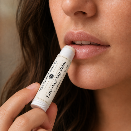 A close-up of a person applying lip balm from a white tube labeled 'The Art of Living Co. Low-Key Lip Balm' to their lips.
