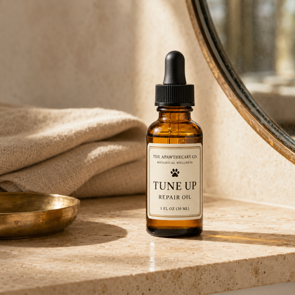 A 1 fl oz amber glass dropper bottle of 'Tune Up Repair Oil' by The Apothecary Co, styled on a beige stone countertop with a folded linen towel and a brass dish in the background.