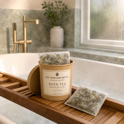 A kraft paper tub of The Apawthcary Co Bath Tea with two loose-leaf tea bags on a wooden bath tray beside a white bathtub in a softly lit bathroom.