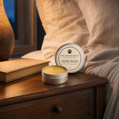 A round metal tin of Nite Nite sleep balm by The Apothecary Co sits open on a wooden bedside table, with its lid leaning behind it. The scene includes a bed with beige linens, a book, and a lamp in a warm, cozy bedroom setting.