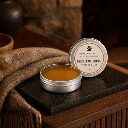 An open round silver tin of warming salve sits on a dark stone slab next to its lid, which reads 'The Apothecary Co. Essence of Embers Botanical Wellness Warming Salve 2 oz'.