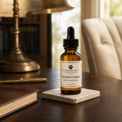 A small amber glass dropper bottle labeled 'TENSION TAMER' by The Apothecary Co stands on a square stone coaster on a dark wooden table, with a lamp, notebook, and upholstered chair in the softly blurred background.