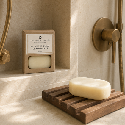 A boxed shampoo bar labeled 'The Apothecary Co. Balanced Clean Shampoo Bar' sits on a beige stone shelf beside a wooden soap dish holding an oval cream-colored shampoo bar.