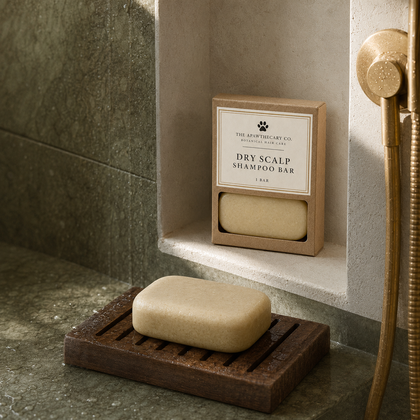 A bar of dry scalp shampoo soap resting on a dark wooden soap dish, with its kraft paper packaging box displayed in a built-in stone shower niche. The brand 'The Apothecary Co' is clearly visible on the label.