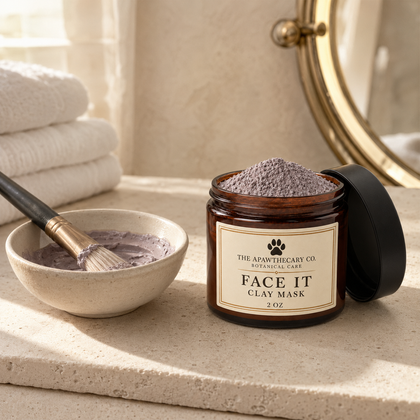 An open amber glass jar of The Apothecary Co. Face It Clay Mask sits on a stone countertop beside a small bowl of the purple mask and a makeup brush, with folded towels and a mirror in the softly lit background.