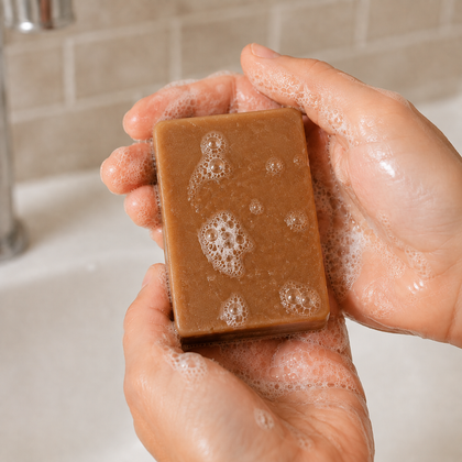 A rectangular brown soap bar covered in lathered foam, held between two hands in a sink with a tiled wall in the background.