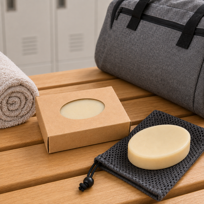 A round beige soap bar resting on a black mesh drawstring pouch, next to a small kraft paper box with a circular window. A gray fabric travel bag and a rolled towel are visible in a bathroom-like setting with wooden benches and lockers in the background.