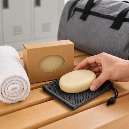 A hand holds a round beige soap bar resting on a black mesh drawstring pouch, with a brown kraft box, a rolled white towel, and a gray duffel bag in the background on a wooden surface.