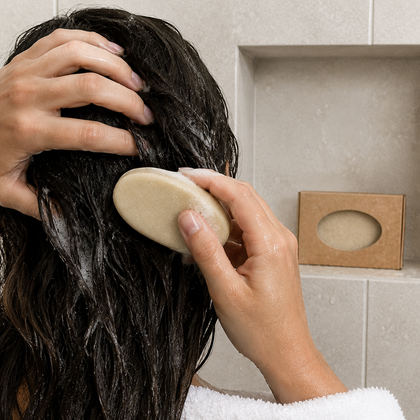 A person with long, wet dark hair lathering shampoo or conditioner with a beige oval bar soap brush. The scene is set in a tiled bathroom with a cardboard soap box visible in the background.