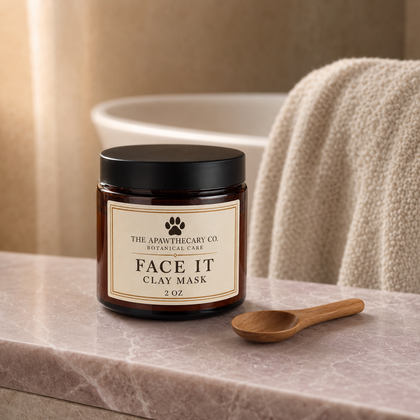 A 2 oz jar of The Aromatherapy Co. Face It Clay Mask sits on a marble countertop next to a small wooden spoon, with a soft beige towel and a blurred bathroom tub in the background.