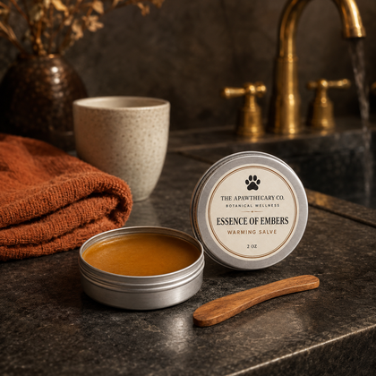 A silver round tin of The Apawthcary Co. Essence of Embers Warming Salve sits open on a dark stone countertop, with its lid beside it showing the product label.
