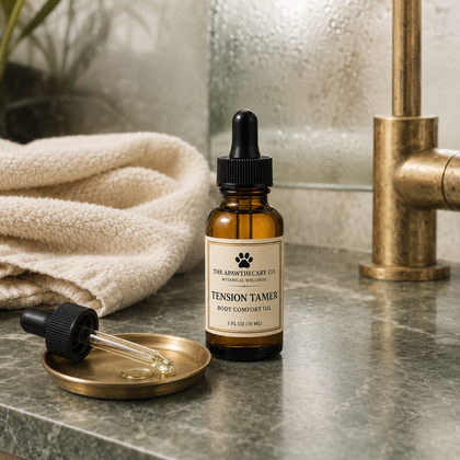 A small amber glass dropper bottle labeled 'The Apothecary Co. Tension Tamer Body Comfort Oil' sits on a stone countertop beside a folded cream towel and a brass faucet.
