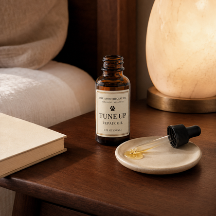 An amber glass bottle labeled 'TUNE UP REPAIR OIL' by The Apothecary Co sits on a wooden table beside a small dish with a dropper and a book, with a warm lamp in the background.
