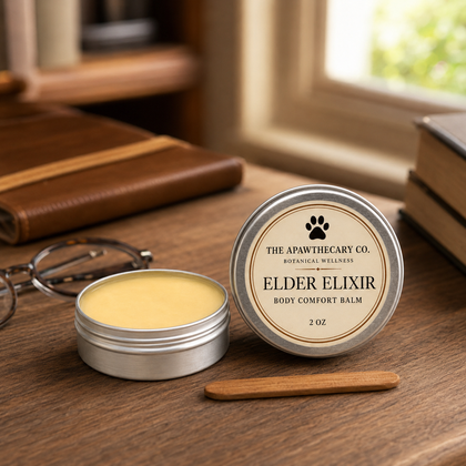 An open round silver tin of body comfort balm and its lid resting beside it on a wooden table. The lid label reads 'THE APANTHECARY CO.