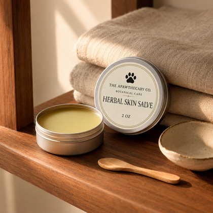 An open round tin of herbal skin salve sits on a wooden shelf beside a closed tin labeled 'THE APOWTHCARY CO. BOTANICAL CARE HERBAL SKIN SALVE 2 OZ,' with a small wooden spoon and folded beige towels nearby.