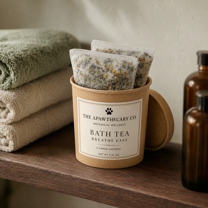 Two tea bags in a kraft paper holder labeled 'The Apawthecary Co. Bath Tea' on a wooden shelf, with folded towels and amber bottles in the background.