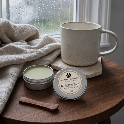 A round metal tin of Breathe Easy Respiratory Balm by The Apothecary Co sits on a wooden table next to its wooden scoop, with a ceramic mug and a cozy beige throw blanket in the background near a window.