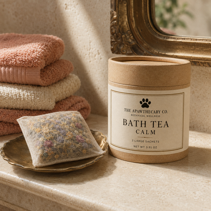 A kraft paper cylindrical tin labeled 'BATH TEA CALM' by The Apawthecary Co. sits on a stone surface beside a small gold dish holding a sachet of dried flowers, with folded towels and an ornate mirror in the background.