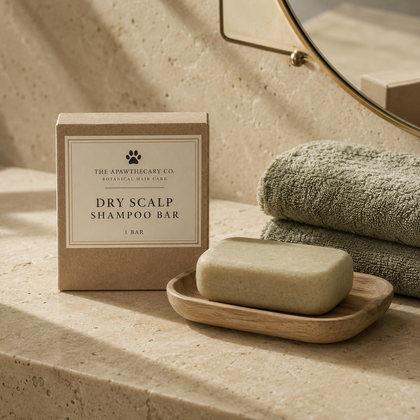 A bar of dry scalp shampoo by The Apothicary Co. displayed next to its kraft paper packaging box on a beige stone surface, with a folded green towel and a wooden dish in the background.