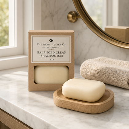 A boxed shampoo bar labeled 'The Apothecary Co. Balanced Clean Shampoo Bar' sits on a marble bathroom counter beside a wooden soap dish holding a cream-colored shampoo bar, with a folded towel and mirror in the background.