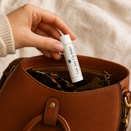 A hand holding a white tube of 'Love My Key Lip Balm' above an open brown leather handbag, with keys and sunglasses inside.