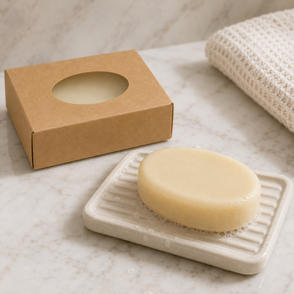 An oval bar of pale yellow soap resting on a white ribbed soap dish, with a brown kraft paper box behind it on a light marble surface and a folded cream towel in the background.