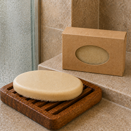 A round beige soap bar resting on a dark brown wooden soap dish, with its plain brown cardboard box featuring an oval window placed behind it on a tiled bathroom shelf.