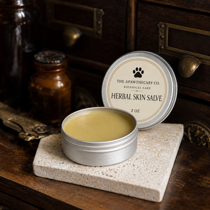 An open round silver tin of herbal skin salve sits on a light stone coaster, with the matching lid leaning behind it. The lid label reads 'The Apawthecary Co.