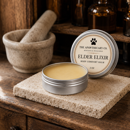 An open round metal tin of body comfort balm sits on a stone slab next to its lid, which reads 'THE APAWTHERCARY CO. ELDER ELIXIR BODY COMFORT BALM 2 OZ'.
