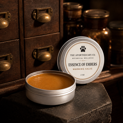 An open round silver tin of The Apawthecary Co. 'Essence of Embers' warming salve sits on a dark stone surface, with its lid leaning against it.