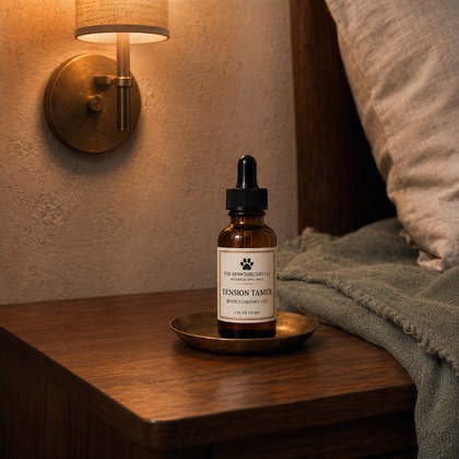 A small amber glass dropper bottle labeled 'The Apothecary Co. Tension Tamer' sits on a brass tray on a wooden bedside table, with a lit wall sconce, textured wall, and bed linens in the background.