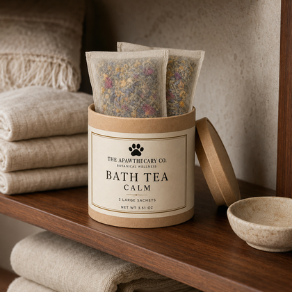 A round kraft paper container labeled 'THE APAWTHECARY CO. BATH TEA CALM' sits on a wooden shelf with folded beige towels and a small ceramic bowl nearby.