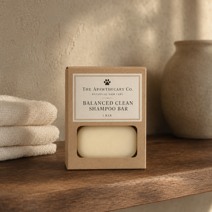 A boxed shampoo bar sits on a wooden surface in a softly styled interior. The kraft paper package has a clear window showing an off-white shampoo bar inside, with a label reading 'The Apawthecary Co.