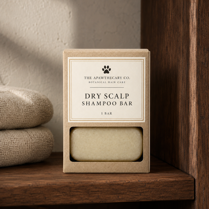 A kraft paper box of The Apawthicaly Co. Dry Scalp Shampoo Bar sits on a dark wooden shelf next to two folded beige towels.
