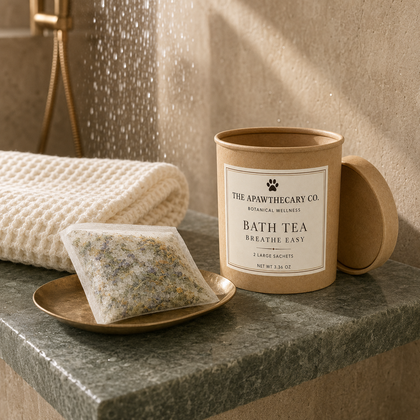 A kraft paper jar of bath tea with its lid off, shown beside a single sachet on a small brass dish and a folded cream towel in a bathroom setting with warm light and a shower head in the background.