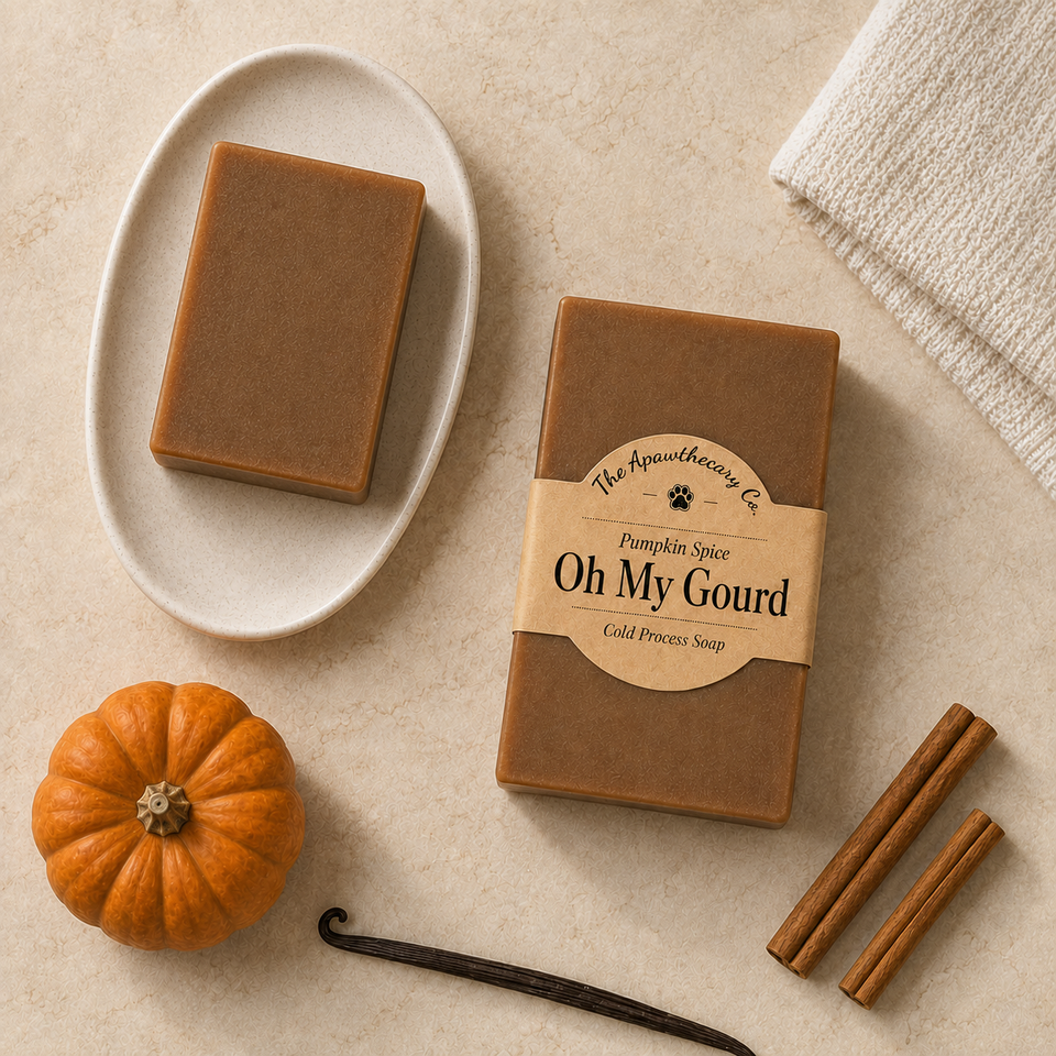 A styled flat-lay of a bar of soap in its kraft paper packaging next to another unwrapped bar of soap on a white oval dish. The scene is decorated with a small orange pumpkin, cinnamon sticks, a vanilla bean, and a folded cream towel on a textured beige background.