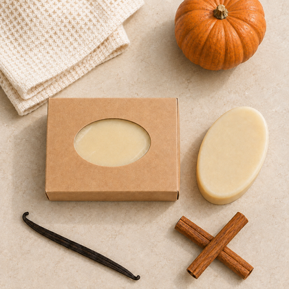 A natural cream-colored oval bar of soap displayed next to its brown kraft paper window box packaging. The scene is styled with a small orange pumpkin, a folded cream-colored textured cloth, a vanilla bean, and cinnamon sticks on a neutral beige background.