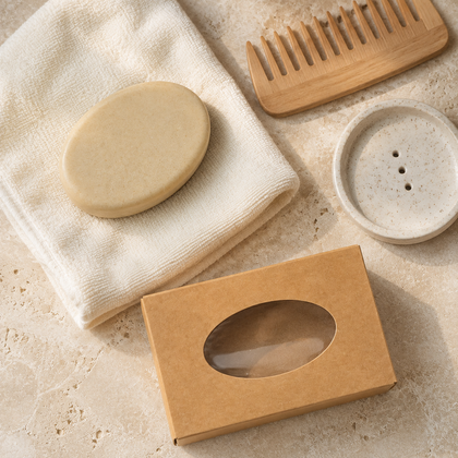A natural bamboo hair comb, a round beige soap bar resting on a folded cream cotton towel, a speckled beige soap dish, and a kraft paper oval box with a clear window, arranged on a light stone surface.
