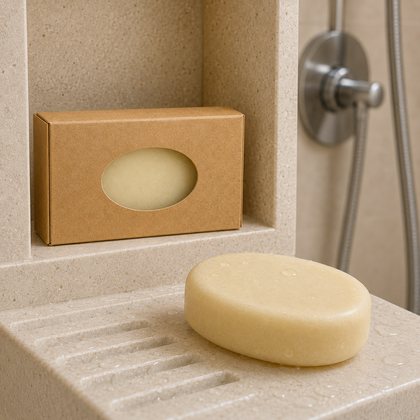 A round pale yellow bar of soap sits on a beige soap dish, with a matching kraft paper box featuring an oval window behind it in a bathroom setting.