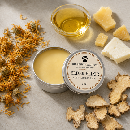 An open round tin of body comfort balm sits beside its labeled lid on a light stone surface, with a small glass bowl of golden oil, wax pieces, dried flowers, and sliced root ingredients arranged around it. The lid label reads 'THE APAWTHECARY CO.