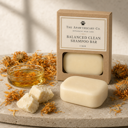 The Apawthecary Co. Balanced Clean Shampoo Bar shown with its kraft paper packaging box, alongside a bar of the cream-colored shampoo and loose dried orange flowers on a stone surface.