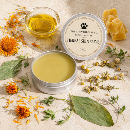 An open round silver tin of herbal skin salve sits on a light stone surface, with the matching lid placed beside it. The lid label reads 'THE APAWTHECARY CO.