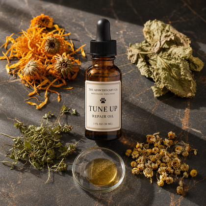 An amber glass dropper bottle labeled 'TUNE UP REPAIR OIL' by The Alpin Therapy Co, styled on a dark stone surface with dried flowers, herbs, and a small dish of golden oil.