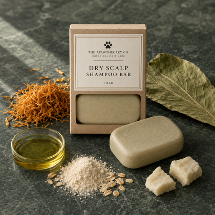 A bar of dry scalp shampoo by The Apawthecary Co. displayed with its kraft paper packaging box, alongside loose herbal ingredients including dried orange moss, a green leaf, oat flakes, and a small glass of oil on a dark stone surface.