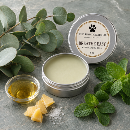 Open silver tin of The Apawthecary Co. Breathe Easy Respiratory Balm with its lid beside it, styled with eucalyptus leaves, mint, honey, and wax pieces on a gray stone surface.