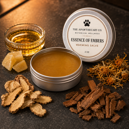 A 2 oz round metal tin of 'Essence of Embers' warming salve by The Apanthecary Co. is displayed with its lid, a glass jar of golden oil, raw ingredients (gum, dried flowers, and roots) on a dark slate background.