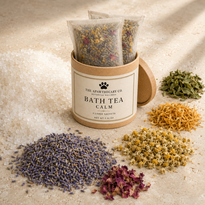 The Apothecary Co. Bath Tea Calm in a round kraft paper tin with two clear sachets inserted, surrounded by loose dried botanicals including lavender, chamomile, and rose on a light stone surface.